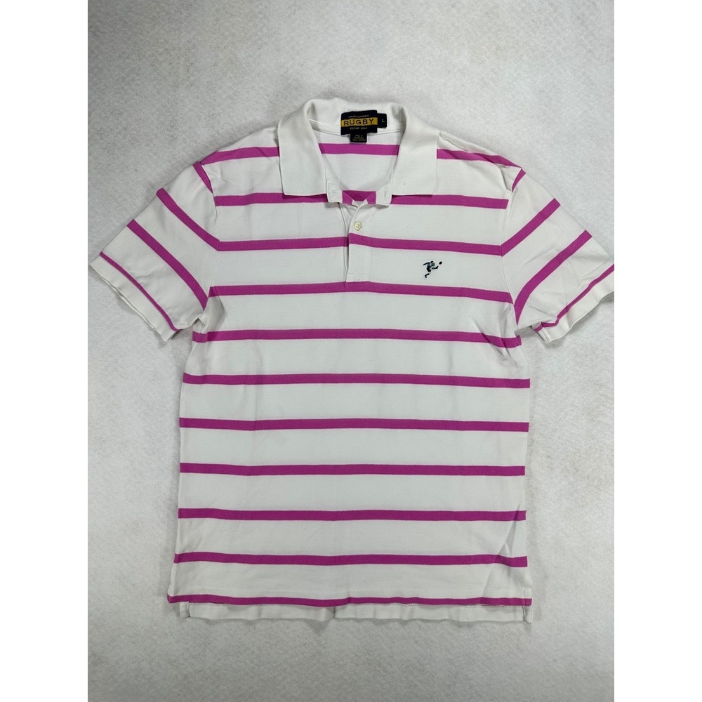 Ralph Lauren Rugby Mens Large Polo Shirt White Pink Striped Short Sleeve Cotton